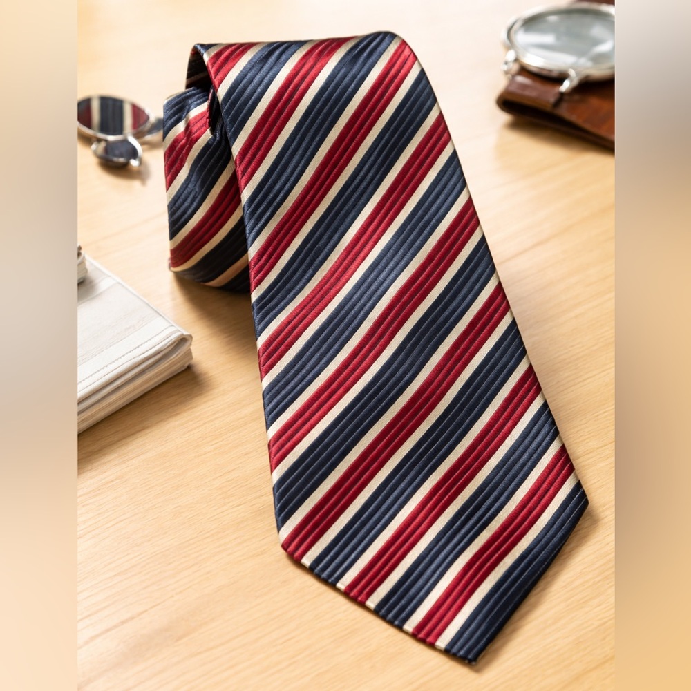 La Vita 100% Silk Striped Tie Red Navy Cream Classic Professional